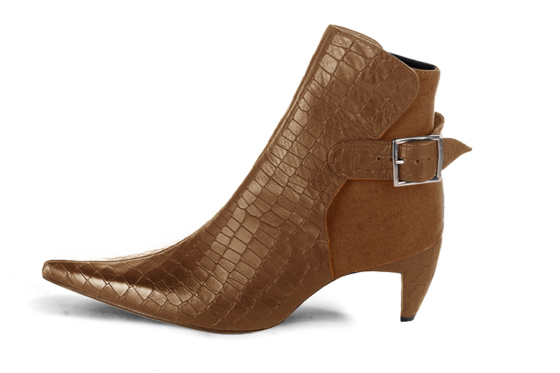 Caramel brown women's ankle boots with buckles at the back. Pointed toe. Medium comma heels. Profile view - Florence KOOIJMAN